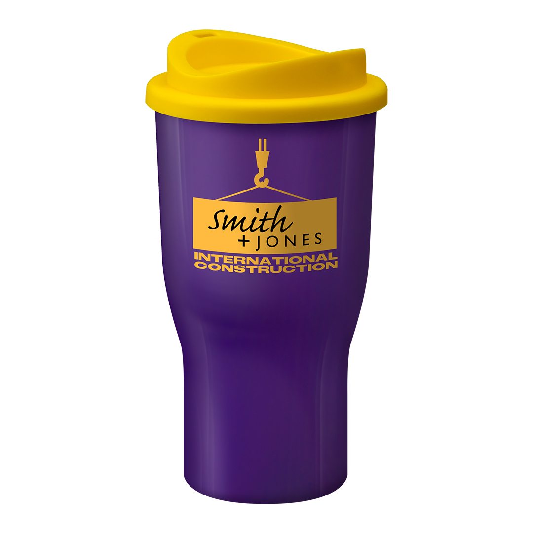 Large travel mug with purple body and yellow lid, printed on the side with company logo