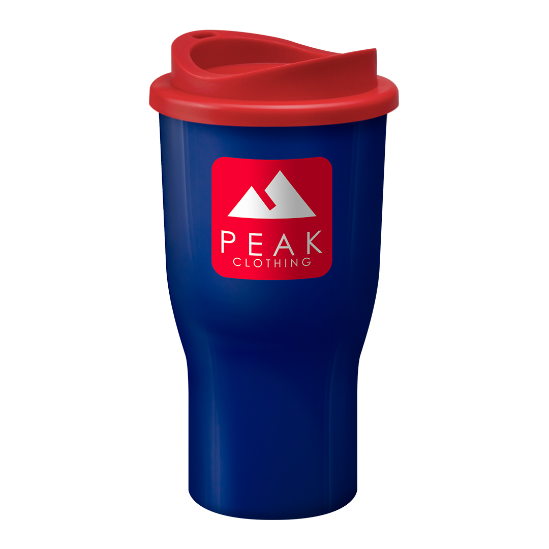 Tall travel drinks tumbler in navy blue with red lid, printed with a company logo on the side