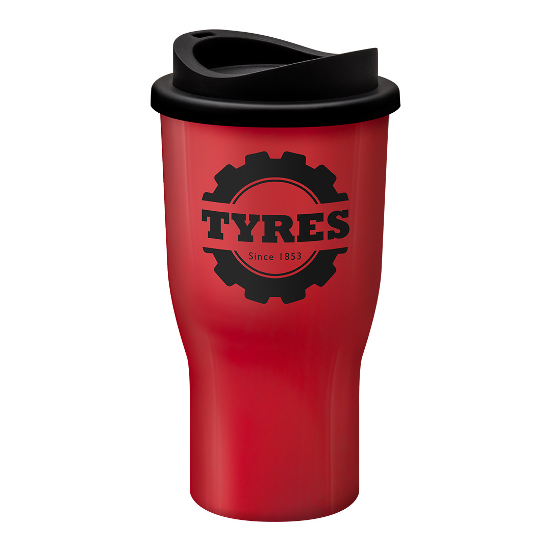 Tall red drinks tumbler with black sip lid, printed with a company logo