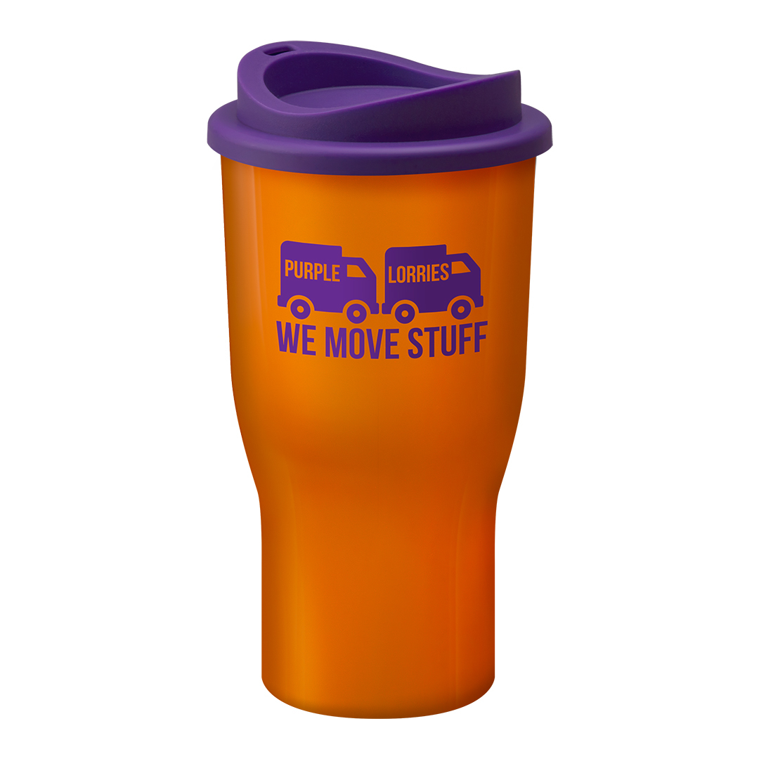 Orange travel mug with purple lid