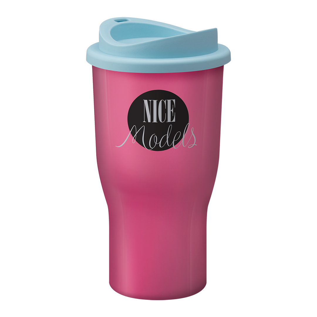350ml pink travel mug with blue lid