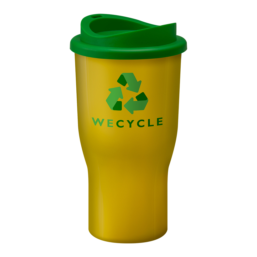 Yellow drinking tumbler with branding print area for a company logo