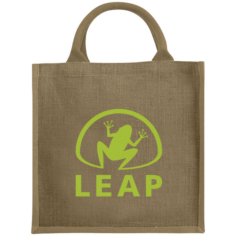 natural coloured jute bag with lime green logo