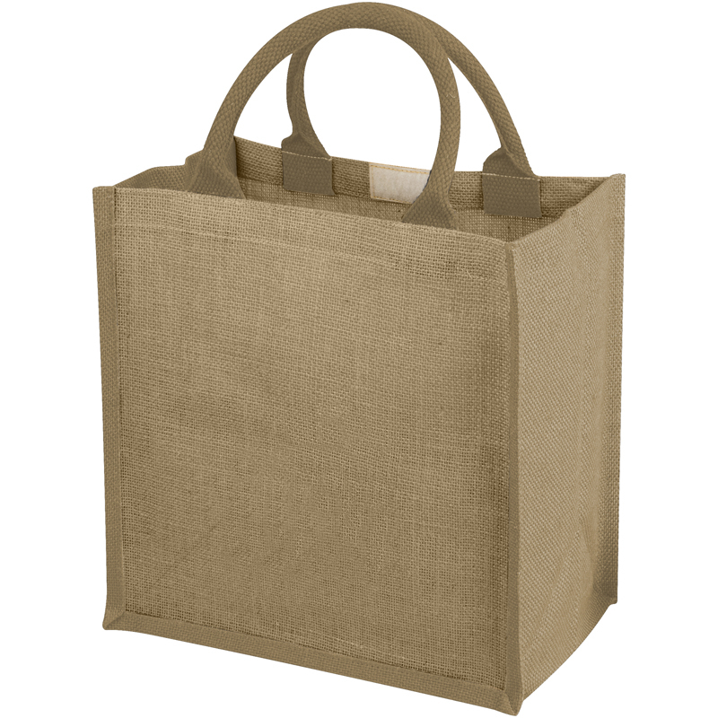 natural coloured jute bag with short handles and gusset