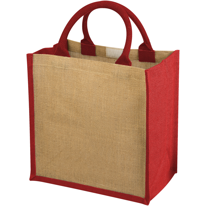 natural coloured jute bag with red gusset and handles