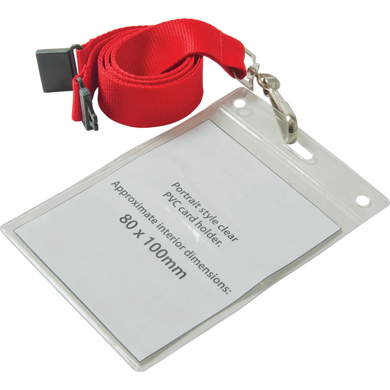 clear pvc wallet attached to red lanyard with safety break
