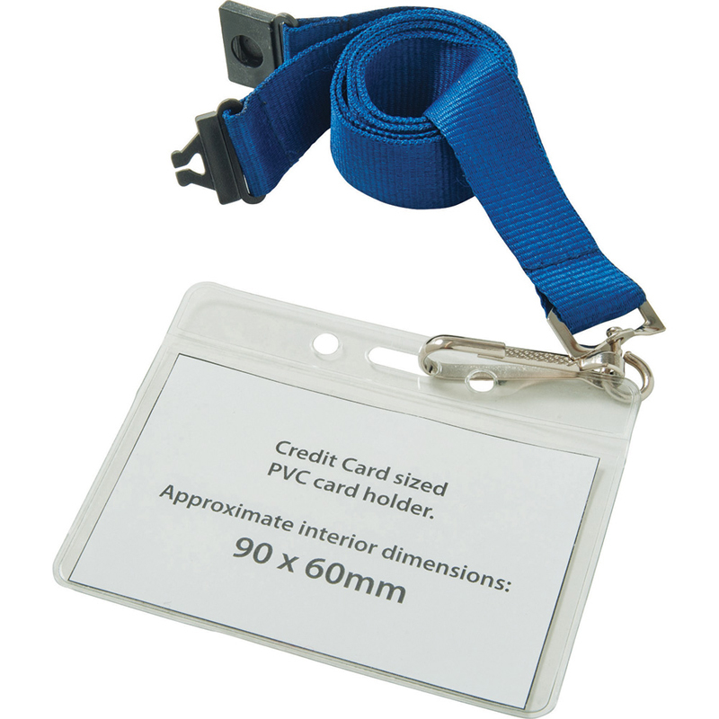 clear pvc wallet 90 x 60mm attached to blue lanyard with safety break