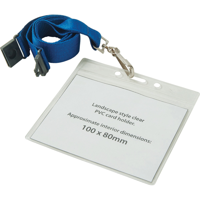 clear pvc wallet 100 x 80mm attached to a blue lanyard with black safety break