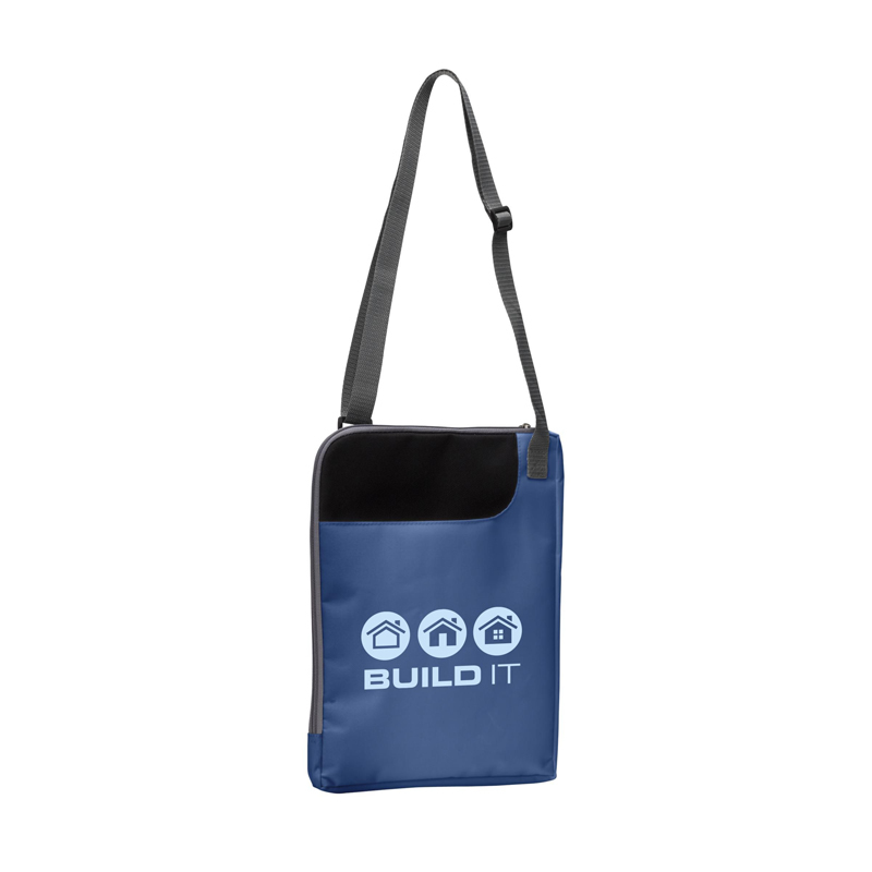 blue colour exhibition bag with a 1 colour branding to the front and a long crossbody strap