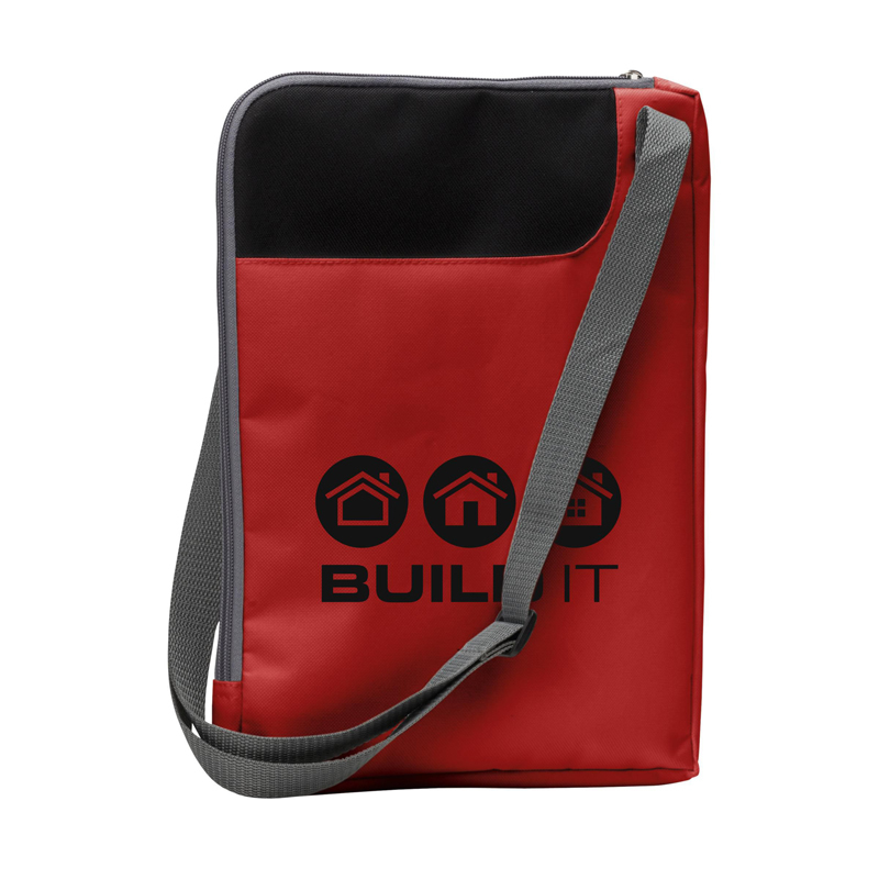 red colour exhibition bag with a 1 colour branding to the front