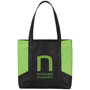 Black and green reusable shoulder bag with company logo printed on the front