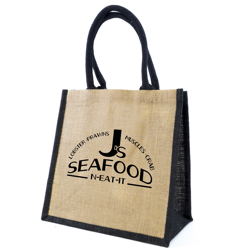 Natural jute bag with company logo printed to the front, black coloured gusset and handles