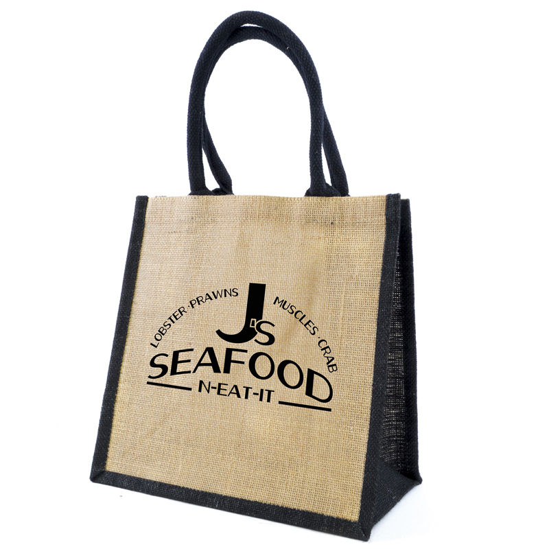 Natural jute bag with company logo printed to the front, black coloured gusset and handles