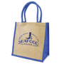 Jute bag with natural side panels and contrasting blue gusset and handles