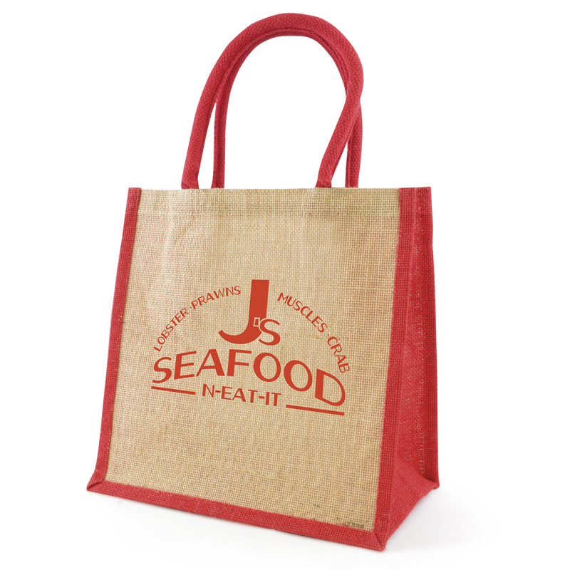 Branded jute bag with red gusset and handles printed with a company logo
