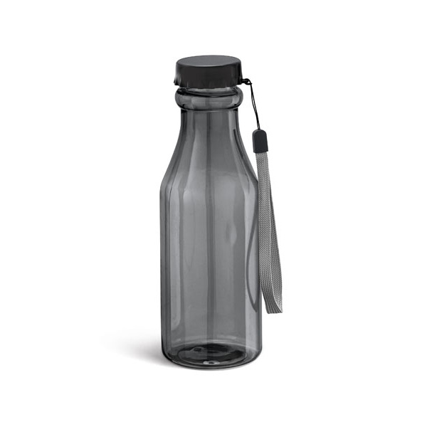 transparent black sports bottle with matching lid, cord strap
