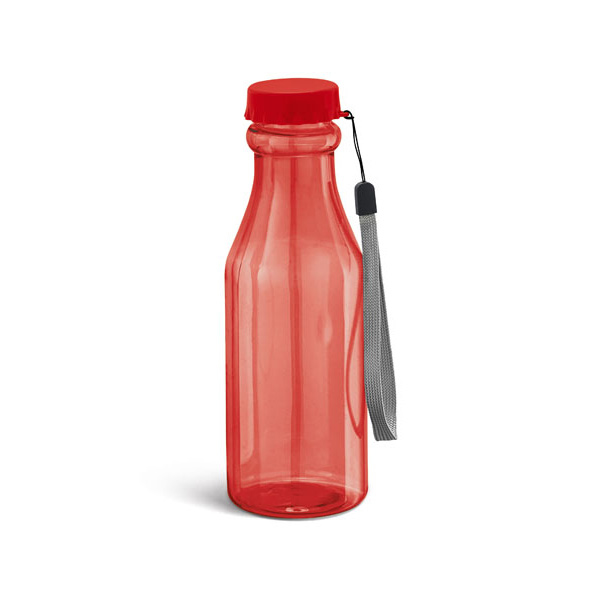 transparent red sports bottle with matching lid, cord strap