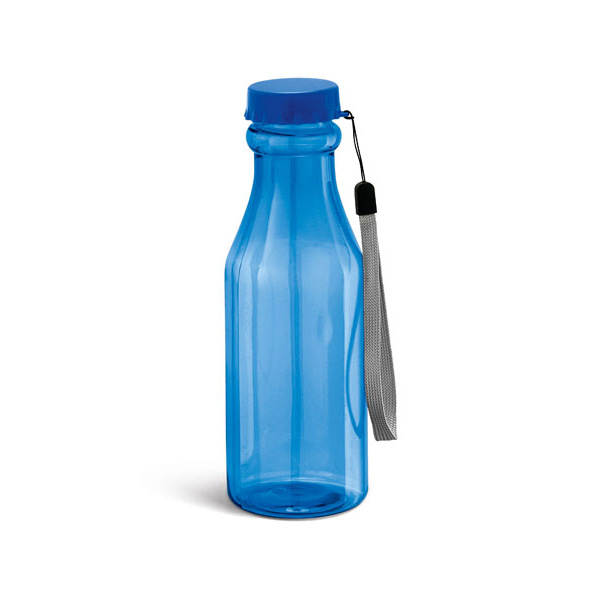transparent blue sports bottle with matching lid, cord strap