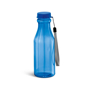 transparent blue sports bottle with matching lid, cord strap