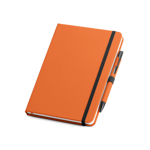 Imitation leather notebook in orange with black elastic closure strap and pen loop with colour patch pen
