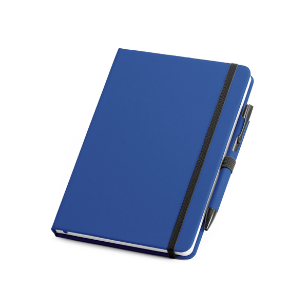 Imitation leather notebook in blue with black elastic closure strap and pen loop with colour patch pen