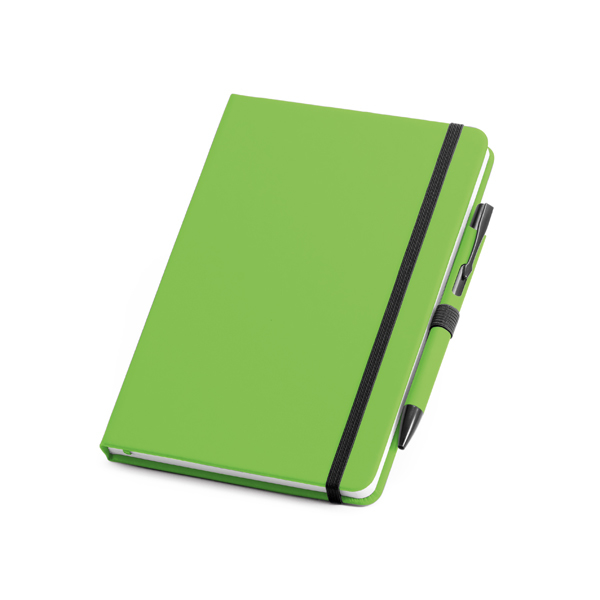 Imitation leather notebook in green with black elastic closure strap and pen loop with colour patch pen