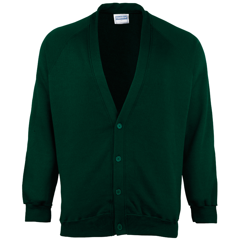 Coloursure Cardigan in green with 4 self-coloured buttons, knitted cuff and welt and herringbone taped neck