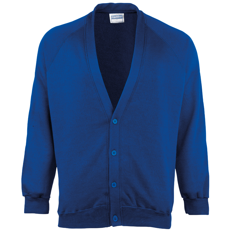 Coloursure Cardigan in blue with 4 self-coloured buttons, knitted cuff and welt and herringbone taped neck