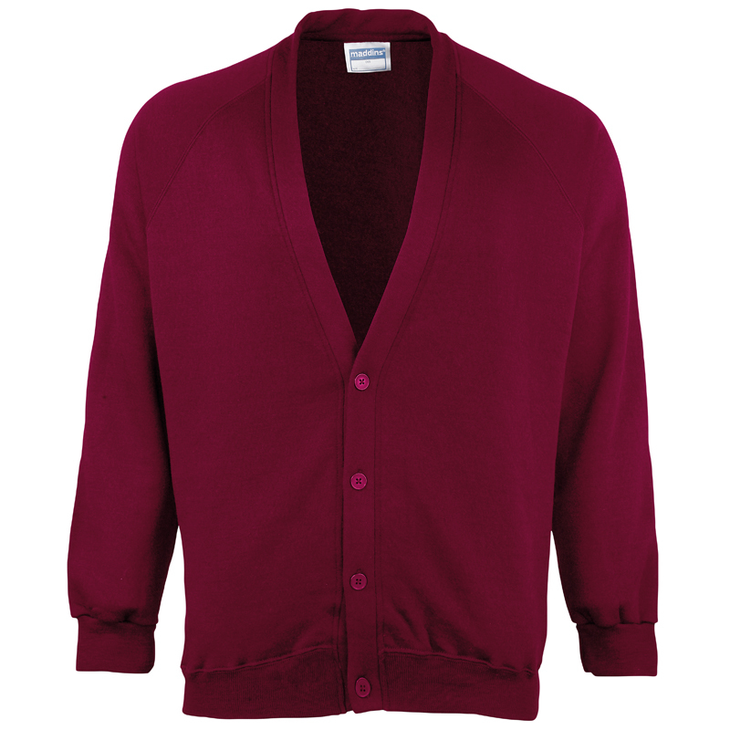 Coloursure Cardigan in burgundy with 4 self-coloured buttons, knitted cuff and welt and herringbone taped neck
