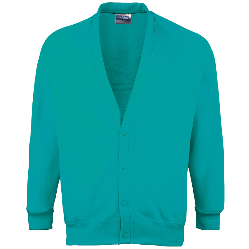 Coloursure Cardigan in teal with 4 self-coloured buttons, knitted cuff and welt and herringbone taped neck