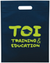 Navy brochure bag with cut out handles and print to advertise a company