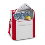 White cooler bag with red side panels and curved zip lid
