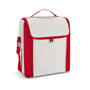 Tall cooler bag in white with red side panels, carry handle and shoulder strap