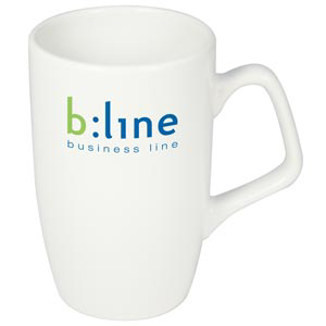 Tall white coffee mug with a logo printed on the front
