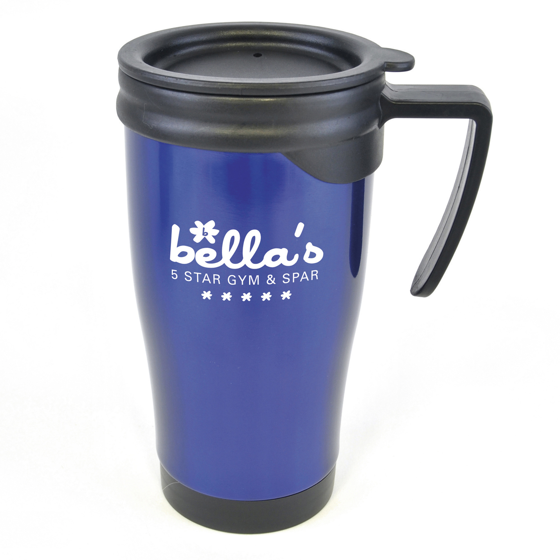 blue stainless steel mug with black handle and trim