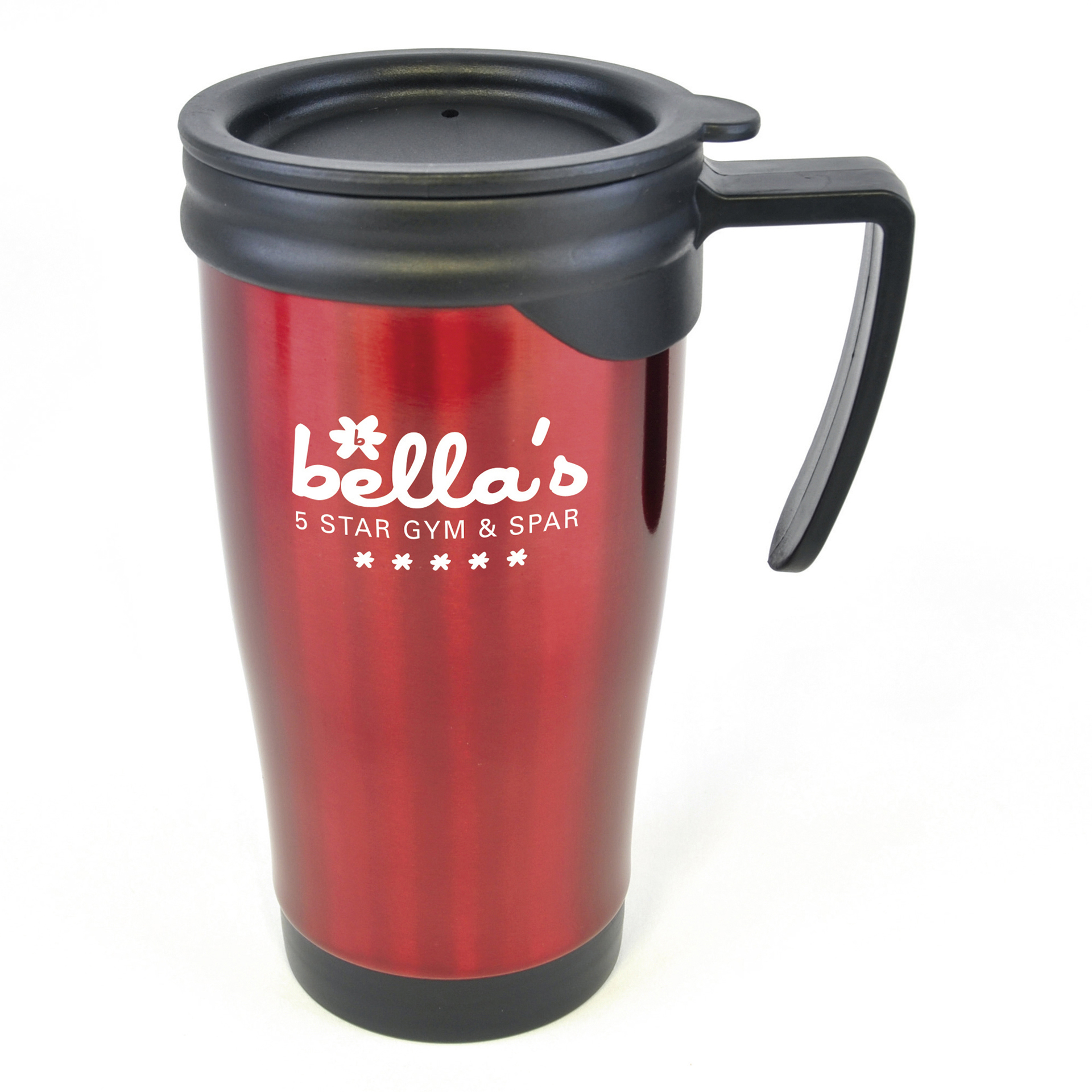 red stainless steel mug with black handle and trim