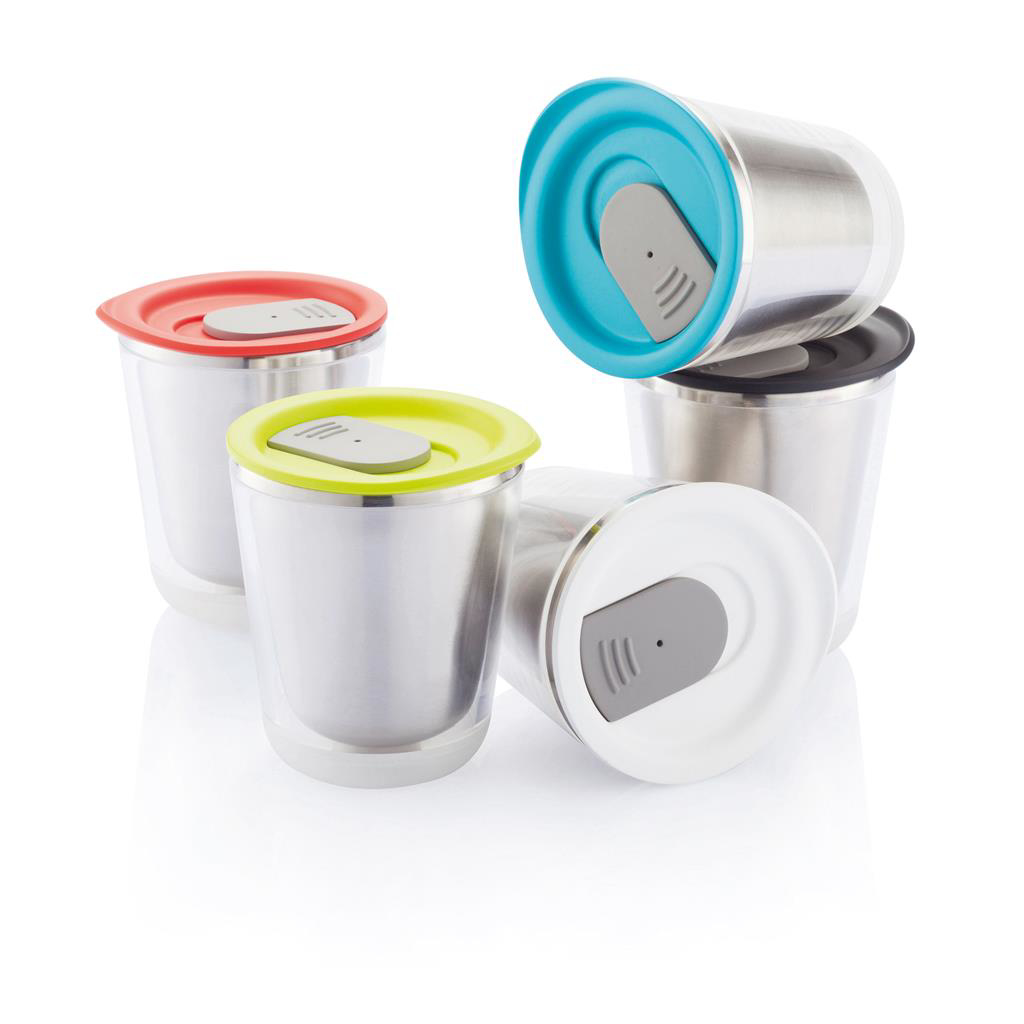 group of small hot drinks travel cups with different coloured lids