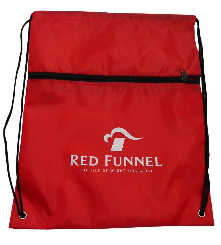 Drawstring Zip Bag in red with black zip and string with  colour logo