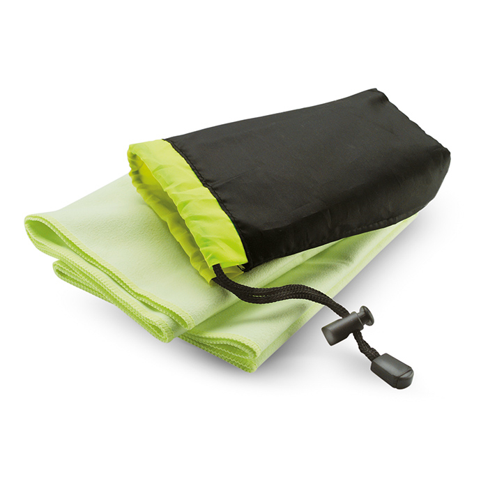 lime green drye towel with black pouch