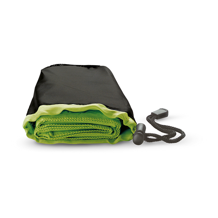 lime green dry towel in black pouch