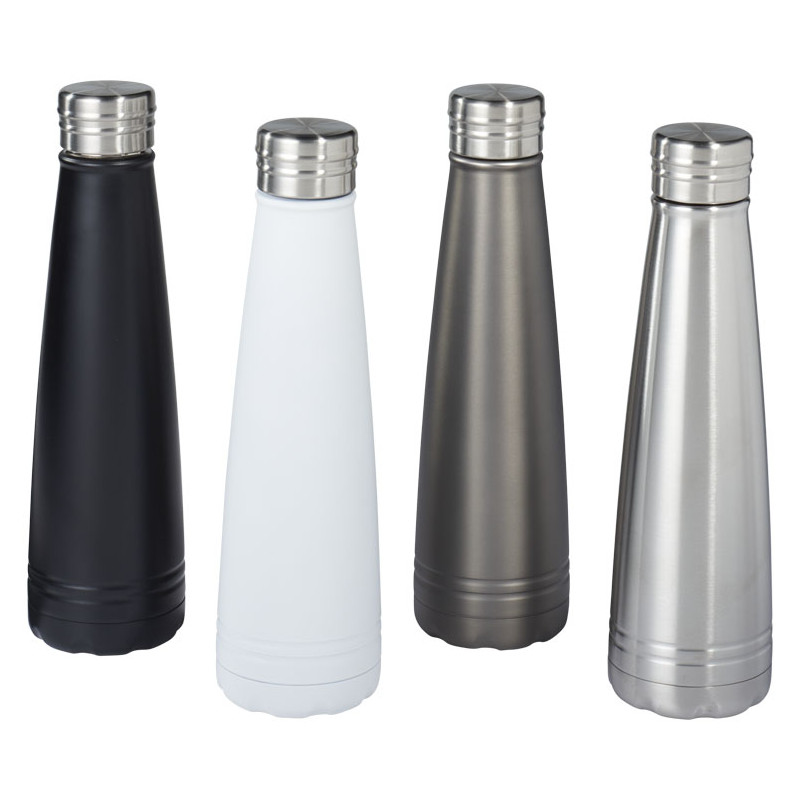 metal insulated drinks bottles in black, white, grey and silver, with silver lid