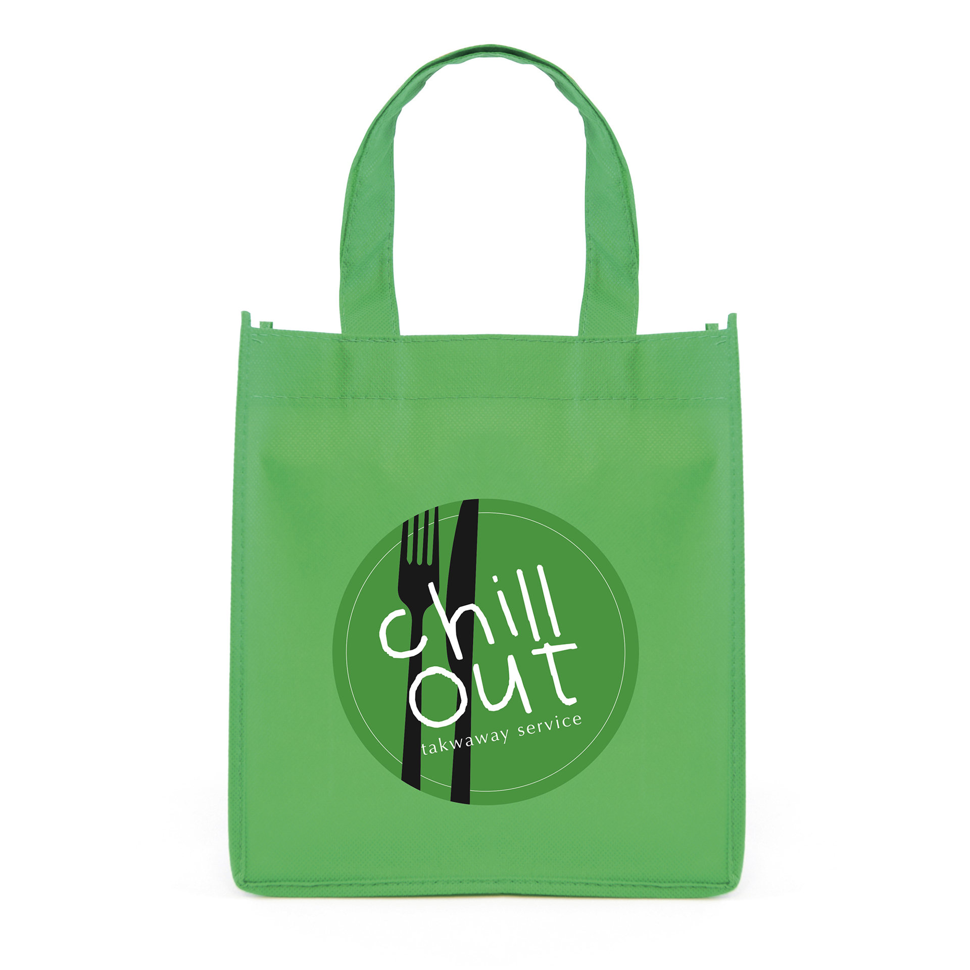small green bag printed with a logo