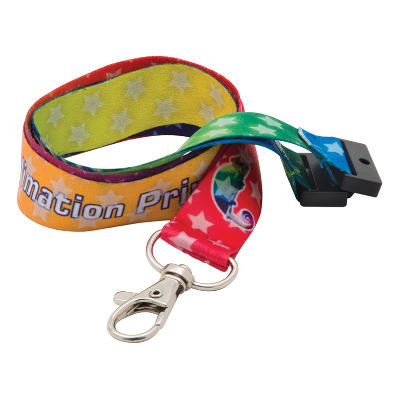 multi coloured 15mm dye sublimation lanyard with a silver trigger clip and black safety break
