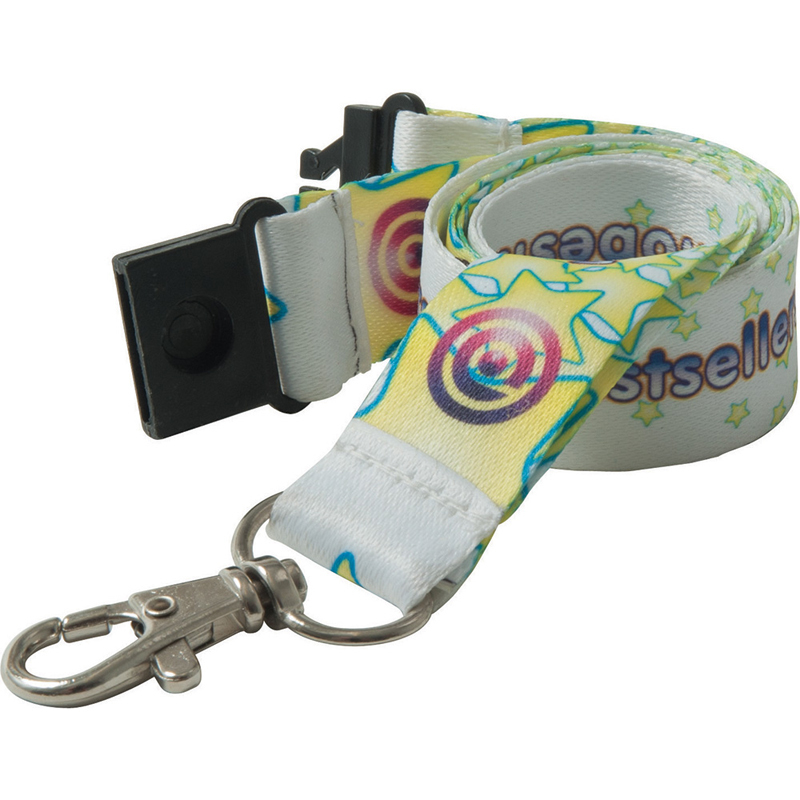 white 15mm lanyard with a full colour print, black safety break and silver trigger clip