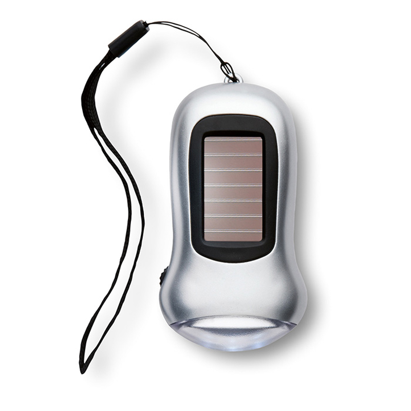Dynasol Dual Power Torch in silver with solar panel and black strap top view