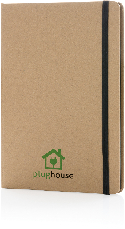 Eco Friendly A5 Kraft Notebook in brown with black elastic closure strap and 2 colour print logo