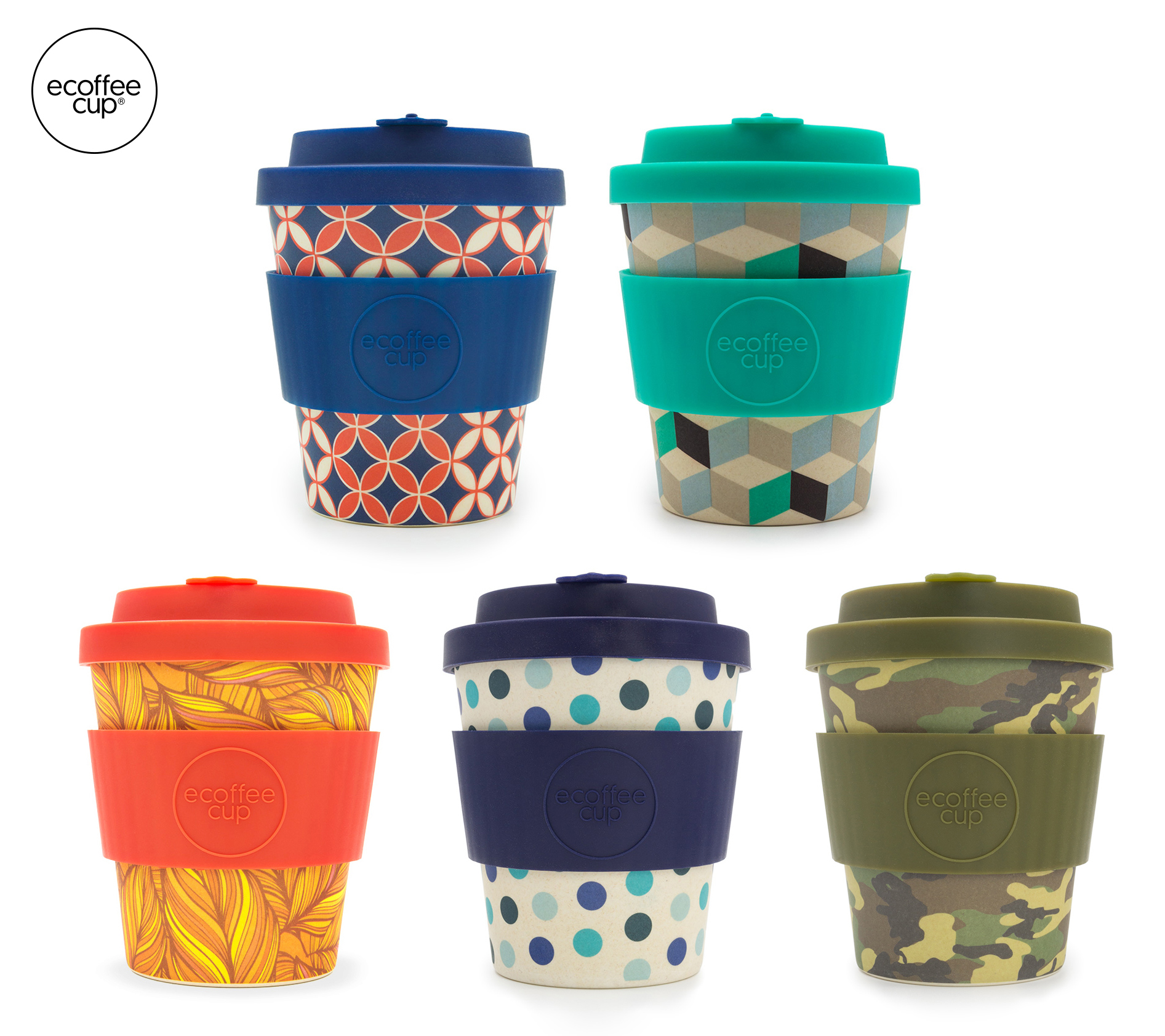 Patterned 8oz eCoffee cups with silicone bands
