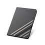 Imitation leather hardcover notebook in black with 4 grey elastic straps and 1 black elastic closure stra