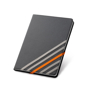 Imitation leather hardcover notebook in black with 4 grey elastic straps and 1 orange elastic closure stra