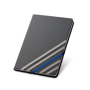 Imitation leather hardcover notebook in black with 4 grey elastic straps and 1 blue elastic closure stra